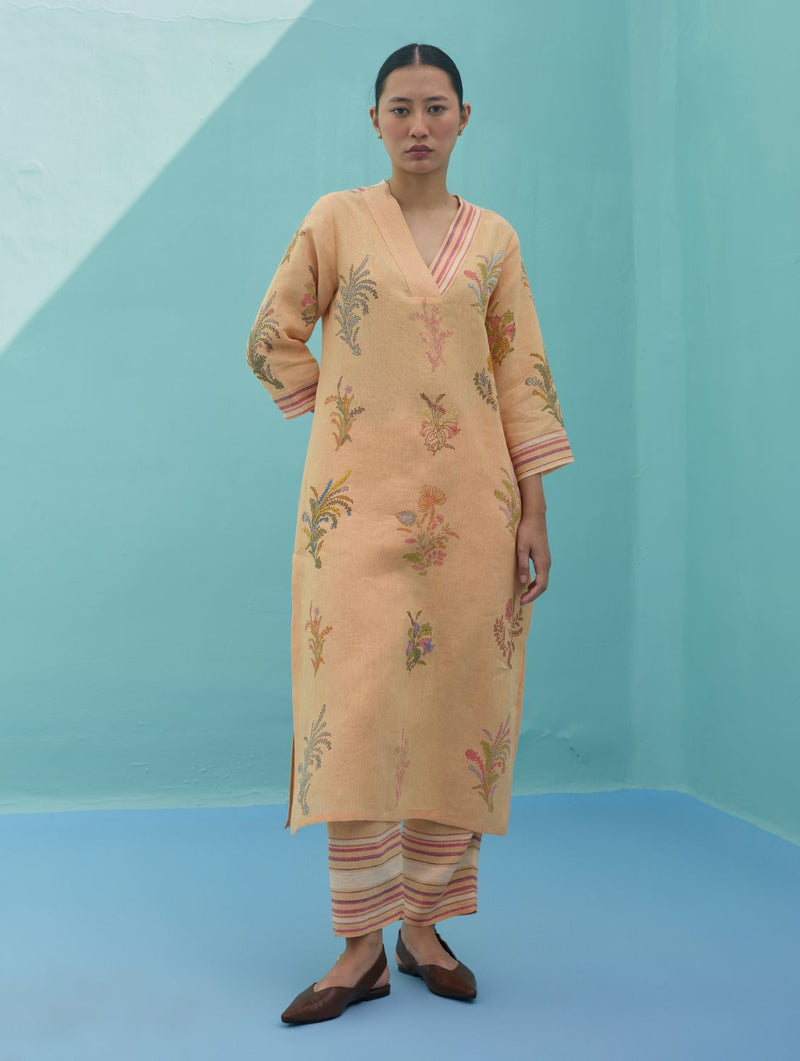 Zura Floral Block Printed Embroidered Kurta Set - Apricot linen light kurta set by Manan in apricot for women Worldwide