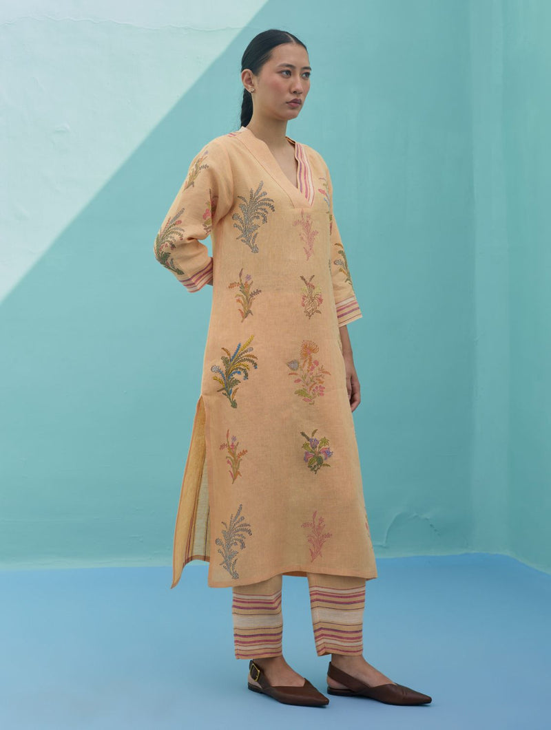 Zura Floral Block Printed Embroidered Kurta Set - Apricot linen light kurta set by Manan in apricot for women Worldwide