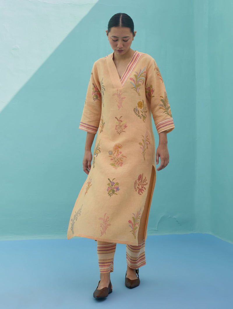 Zura Floral Block Printed Embroidered Kurta Set - Apricot linen light kurta set by Manan in apricot for women Worldwide