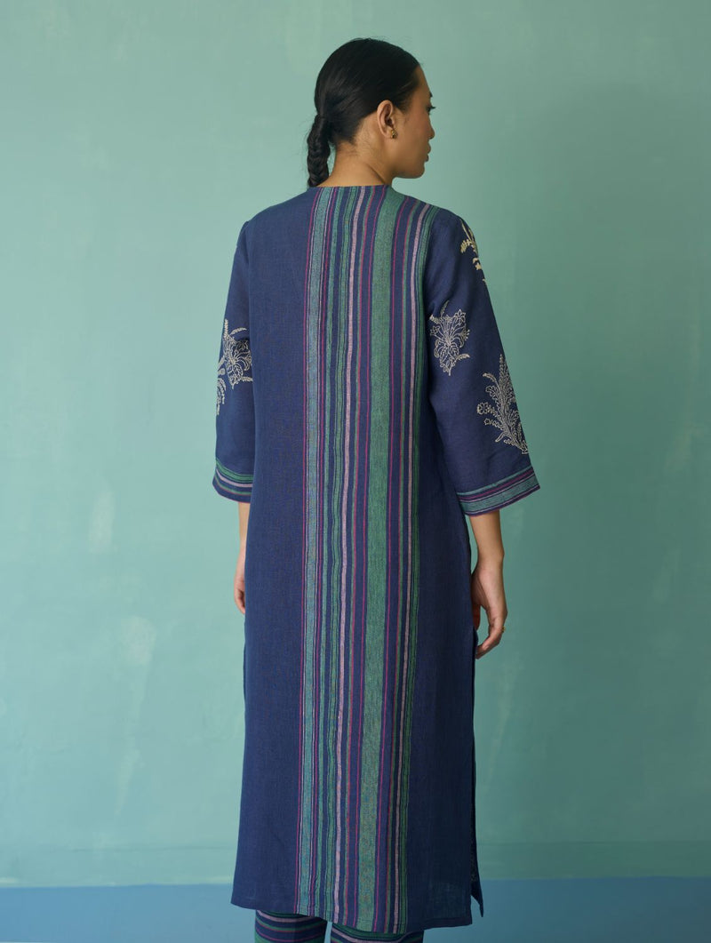 Zura Floral Block Printed Embroidered Kurta - Indigo linen light kurta set by Manan in navy for women Worldwide