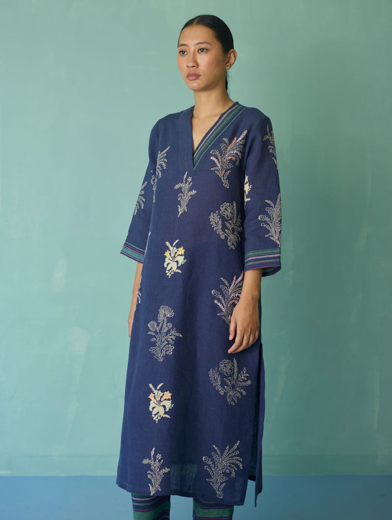 Zura Floral Block Printed Embroidered Kurta Set - Indigo linen light kurta set by Manan in navy for women Worldwide