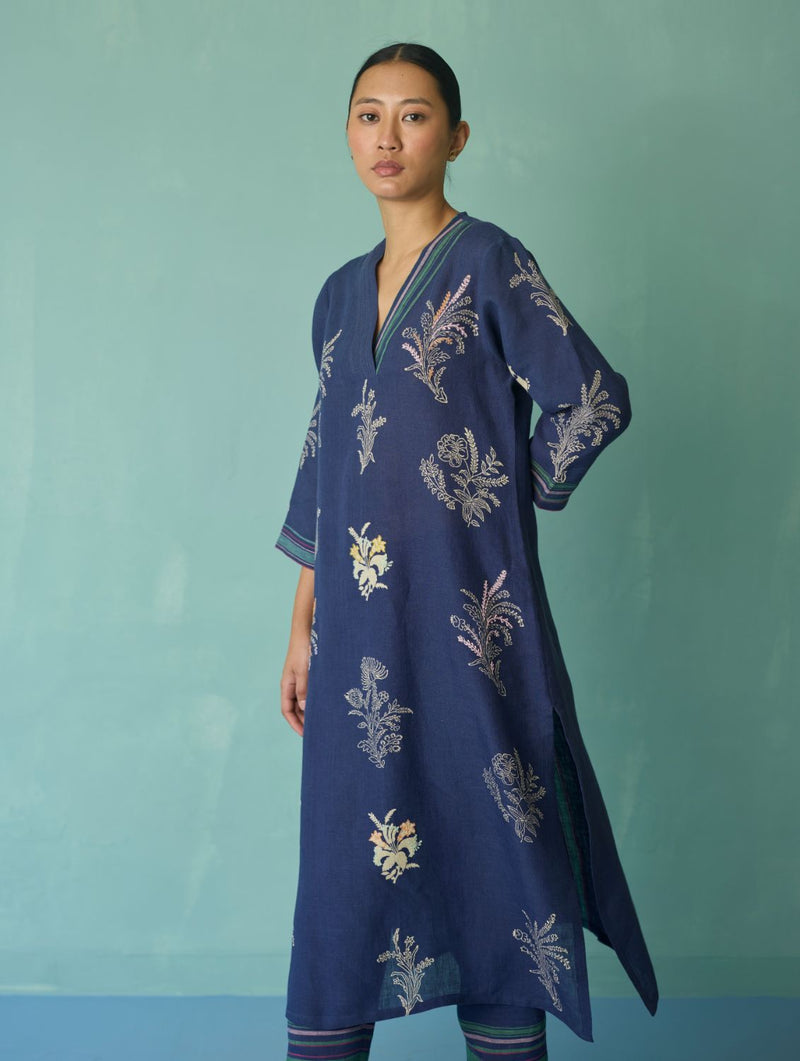 Zura Floral Block Printed Embroidered Kurta - Indigo linen light kurta set by Manan in navy for women Worldwide