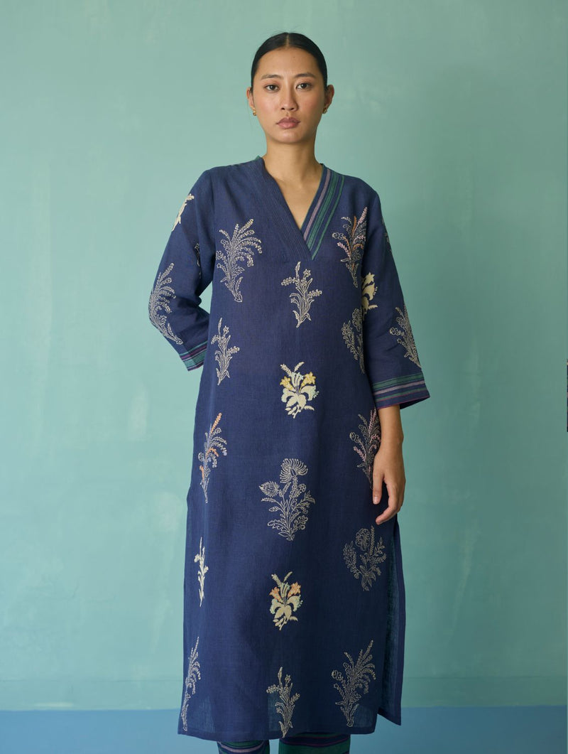 Zura Floral Block Printed Embroidered Kurta Set - Indigo linen light kurta set by Manan in navy for women Worldwide