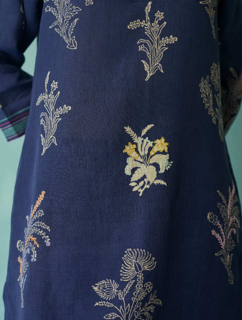 Zura Floral Block Printed Embroidered Kurta - Indigo linen light kurta set by Manan in navy for women Worldwide
