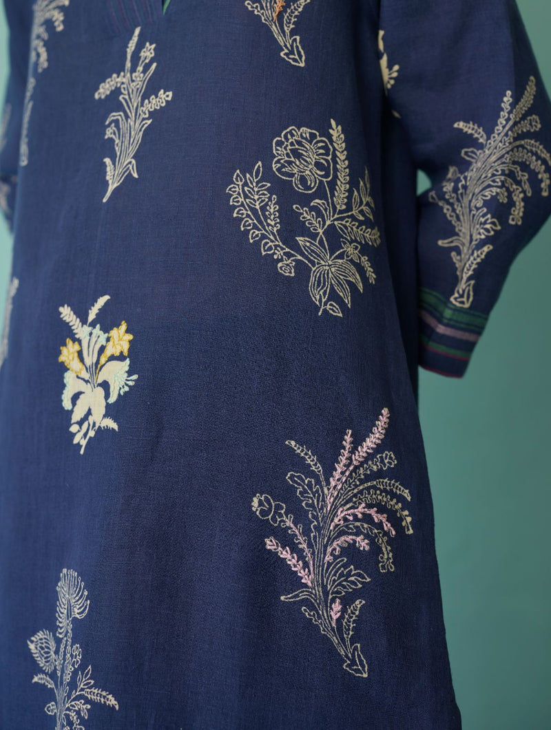 Zura Floral Block Printed Embroidered Kurta - Indigo linen light kurta set by Manan in navy for women Worldwide