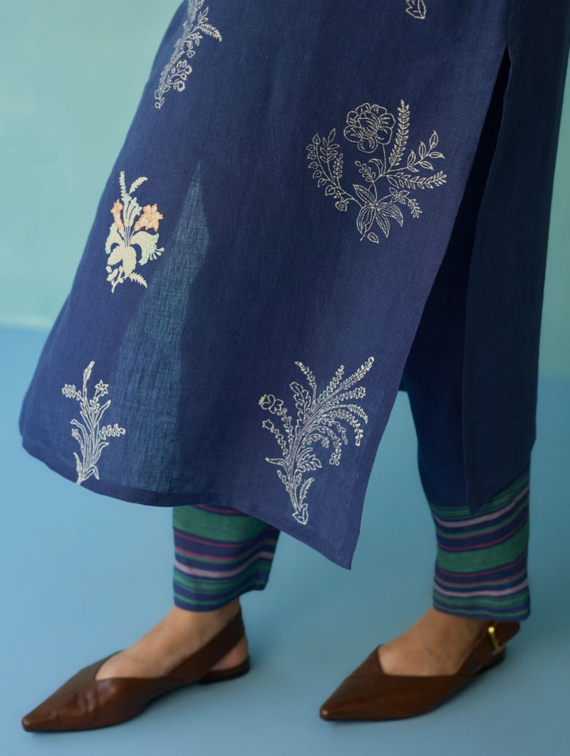 Zura Floral Block Printed Embroidered Kurta Set - Indigo linen light kurta set by Manan in navy for women Worldwide