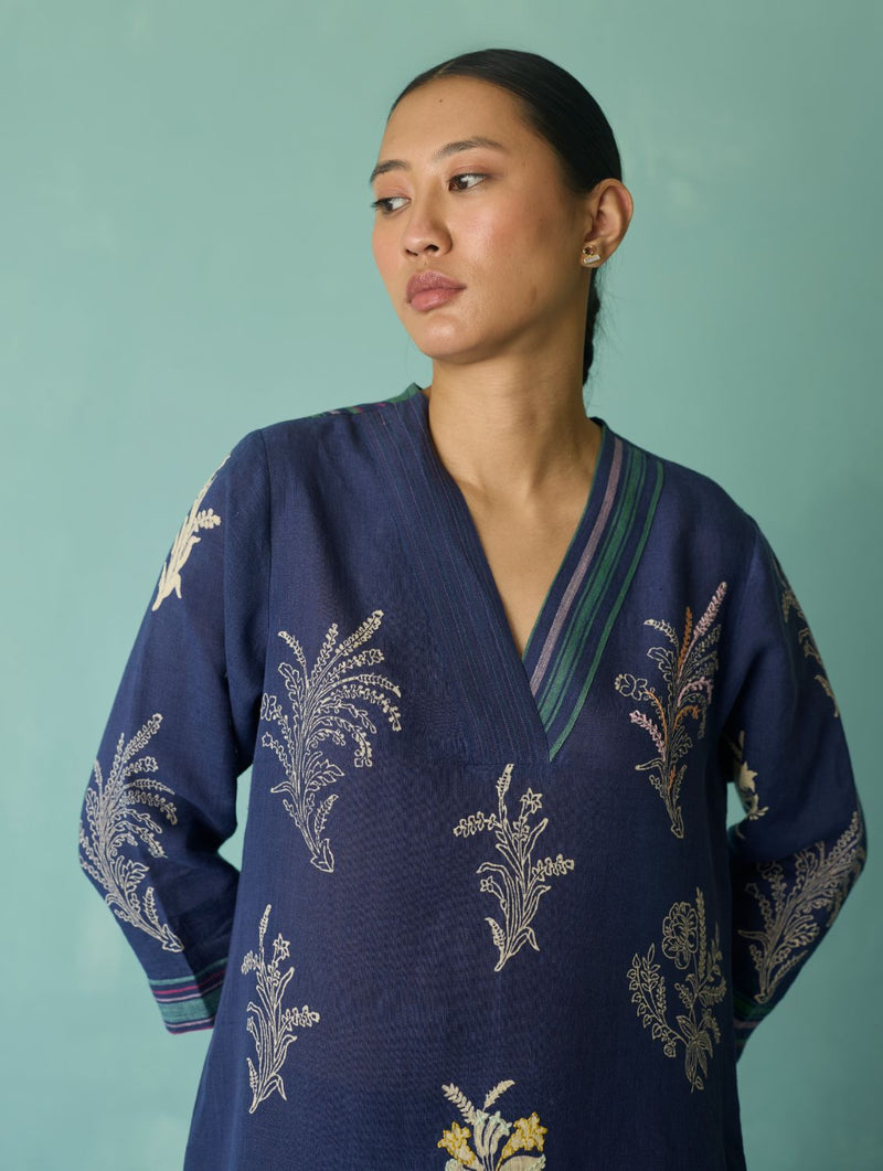 Zura Floral Block Printed Embroidered Kurta - Indigo linen light kurta set by Manan in navy for women Worldwide