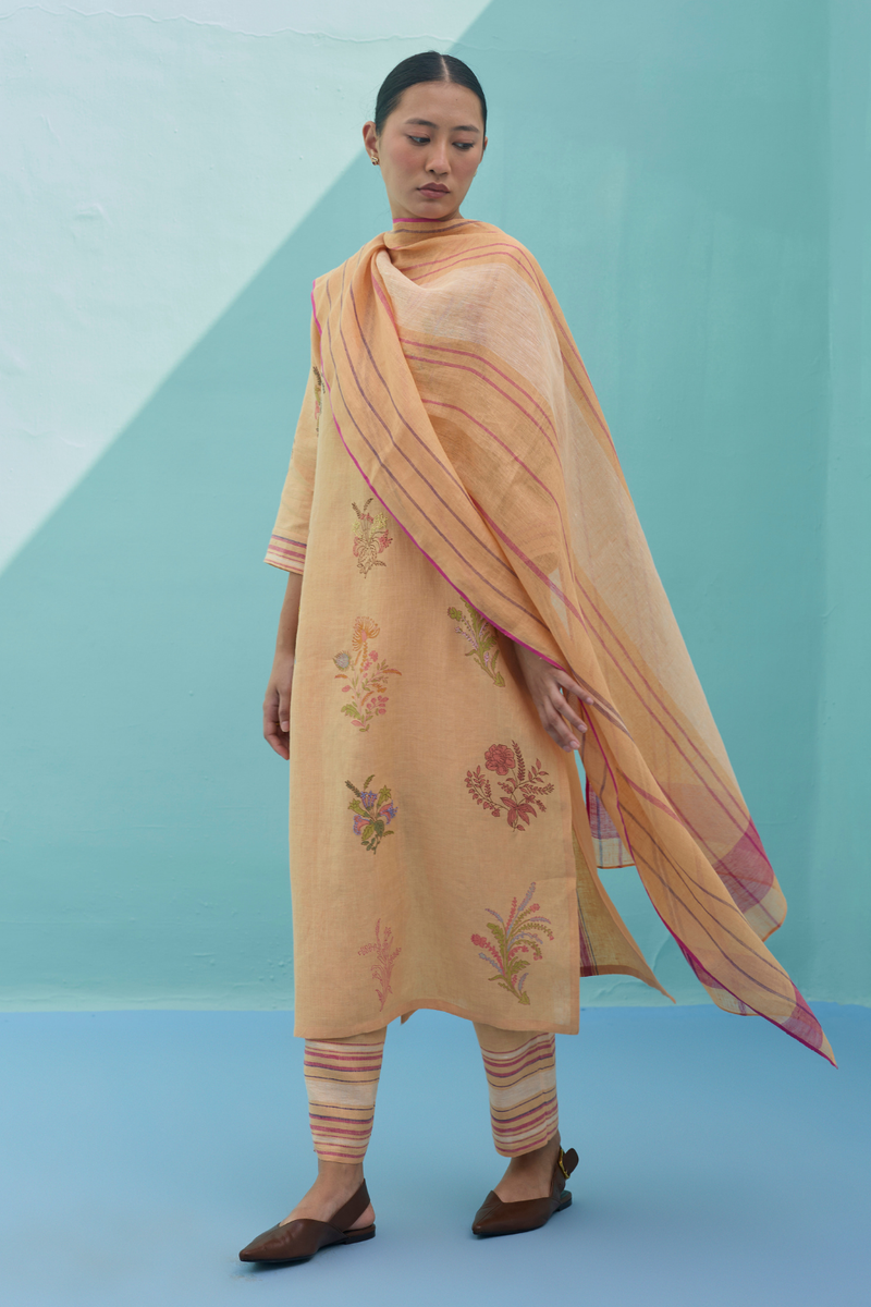 Zura Floral Block Printed Embroidered Kurta Set - Apricot linen light kurta set by Manan in apricot for women Worldwide