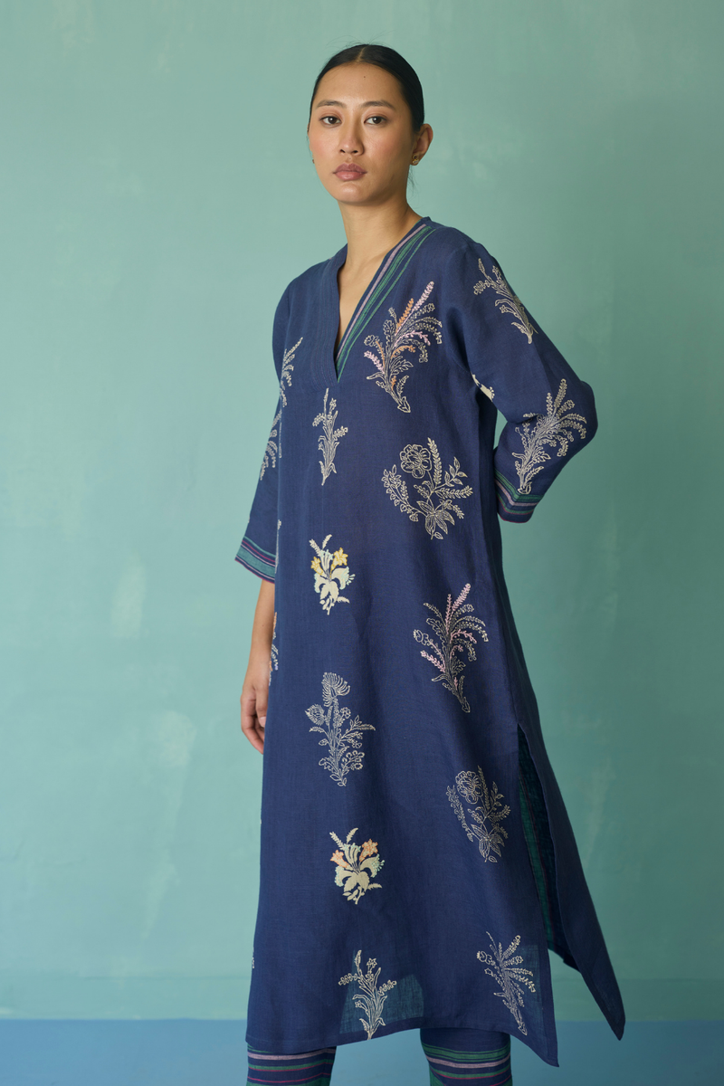 Zura Floral Block Printed Embroidered Kurta Set - Indigo linen light kurta set by Manan in navy for women Worldwide