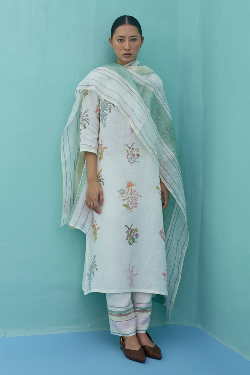 Zura Floral Block-Printed Embroidered Kurta Set - Ivory linen light kurta set by Manan in ivory for women Worldwide