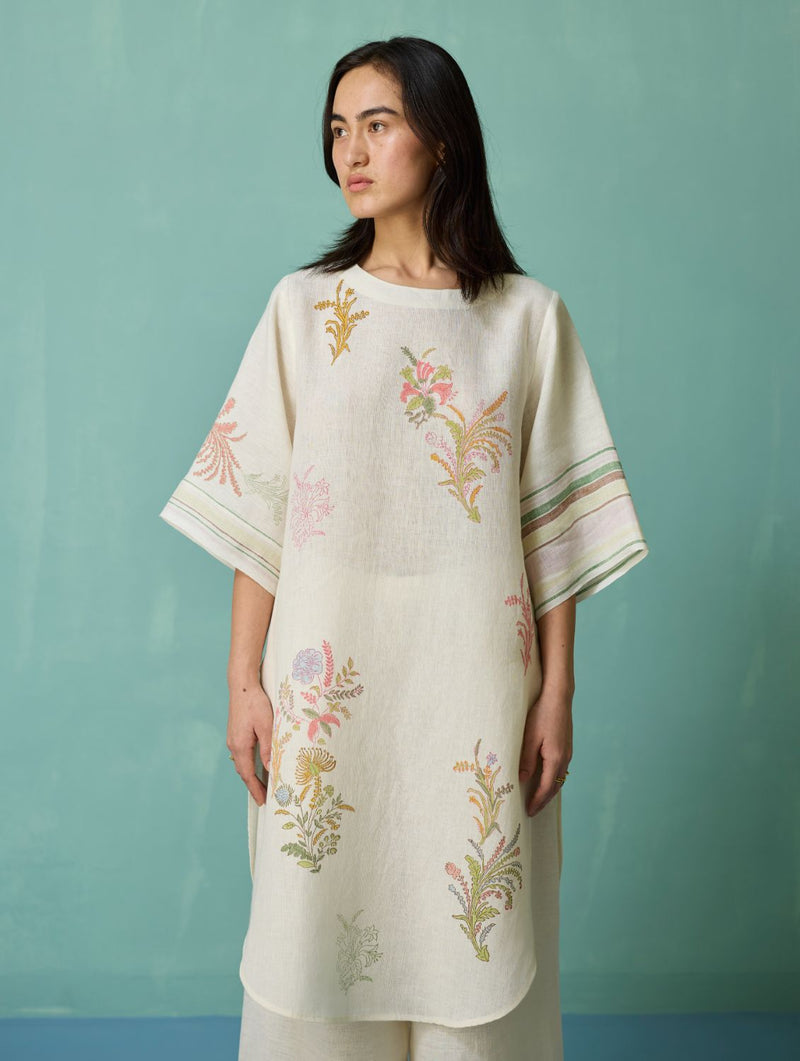 Nami Floral Block-Printed Curved Hem Kurta - Ivory linen light kurta set by Manan in ivory for women Worldwide