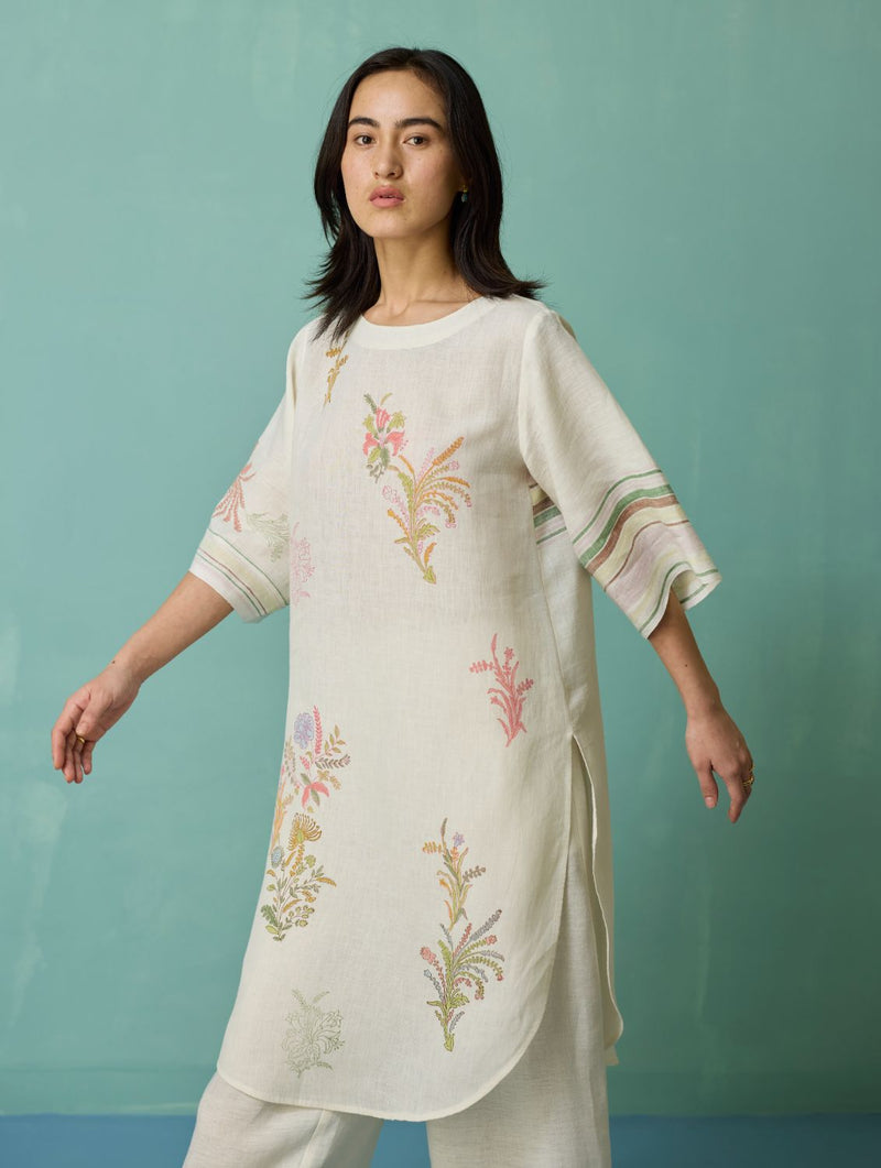 Nami Floral Block-Printed Curved Hem Kurta - Ivory linen light kurta set by Manan in ivory for women Worldwide