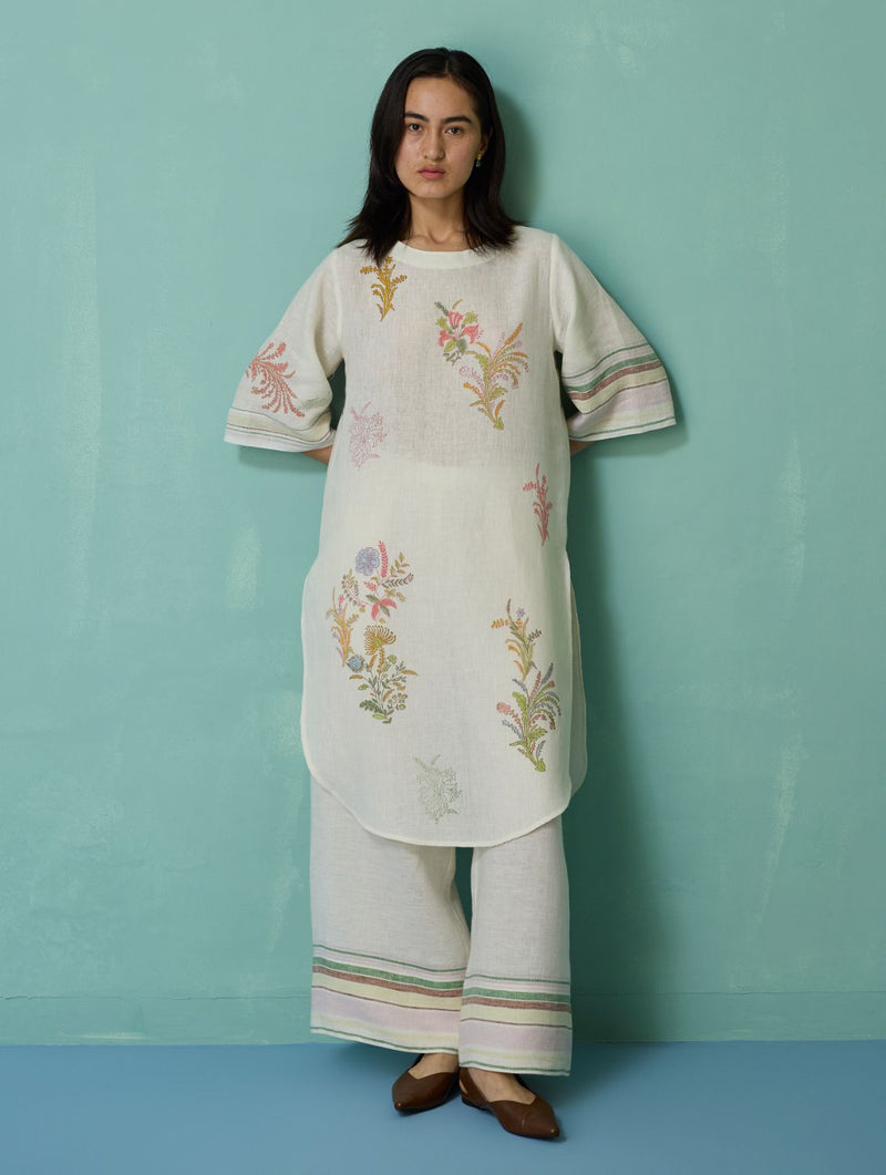 Nami Floral Block-Printed Curved Hem Kurta - Ivory linen light kurta set by Manan in ivory for women Worldwide