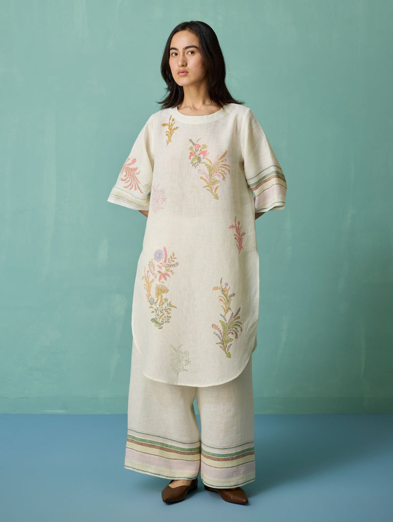 Nami Floral Block-Printed Curved Hem Kurta Set - Ivory linen light kurta set by Manan in ivory for women Worldwide
