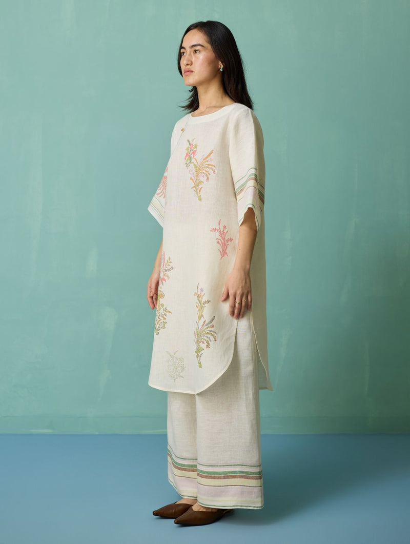 Nami Floral Block-Printed Curved Hem Kurta - Ivory linen light kurta set by Manan in ivory for women Worldwide