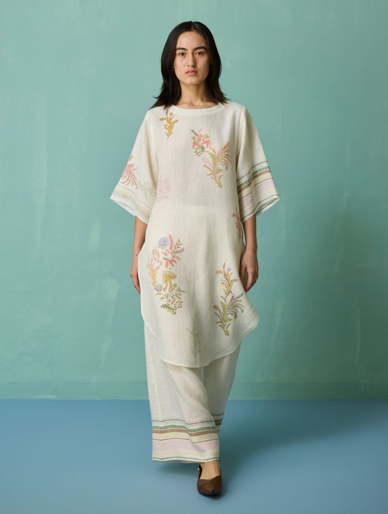 Nami Floral Block-Printed Curved Hem Kurta Set - Ivory linen light kurta set by Manan in ivory for women Worldwide
