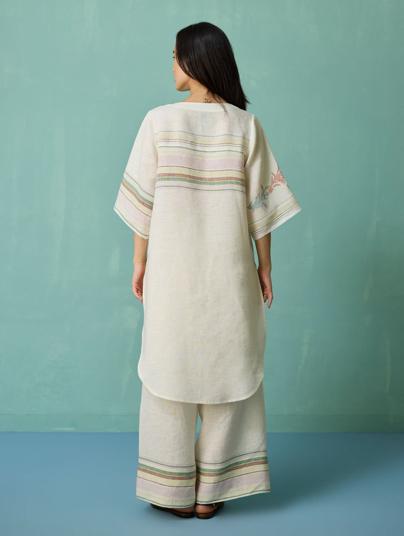 Nami Floral Block-Printed Curved Hem Kurta - Ivory linen light kurta set by Manan in ivory for women Worldwide