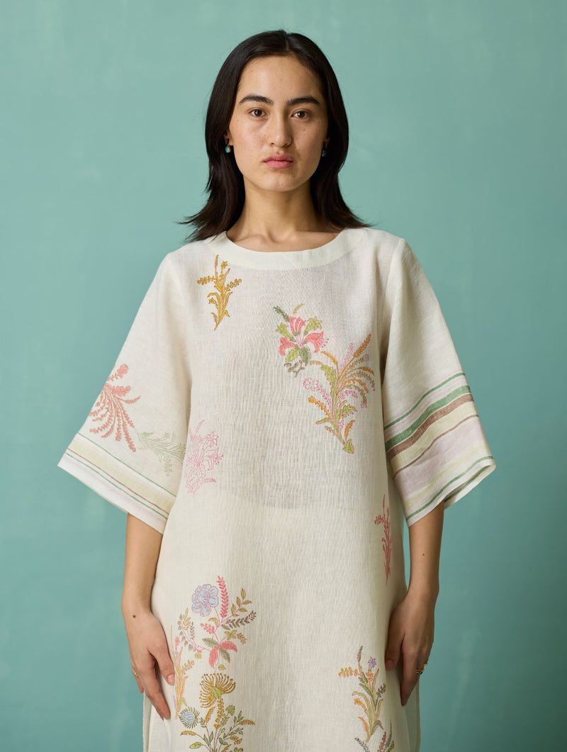 Nami Floral Block-Printed Curved Hem Kurta - Ivory linen light kurta set by Manan in ivory for women Worldwide