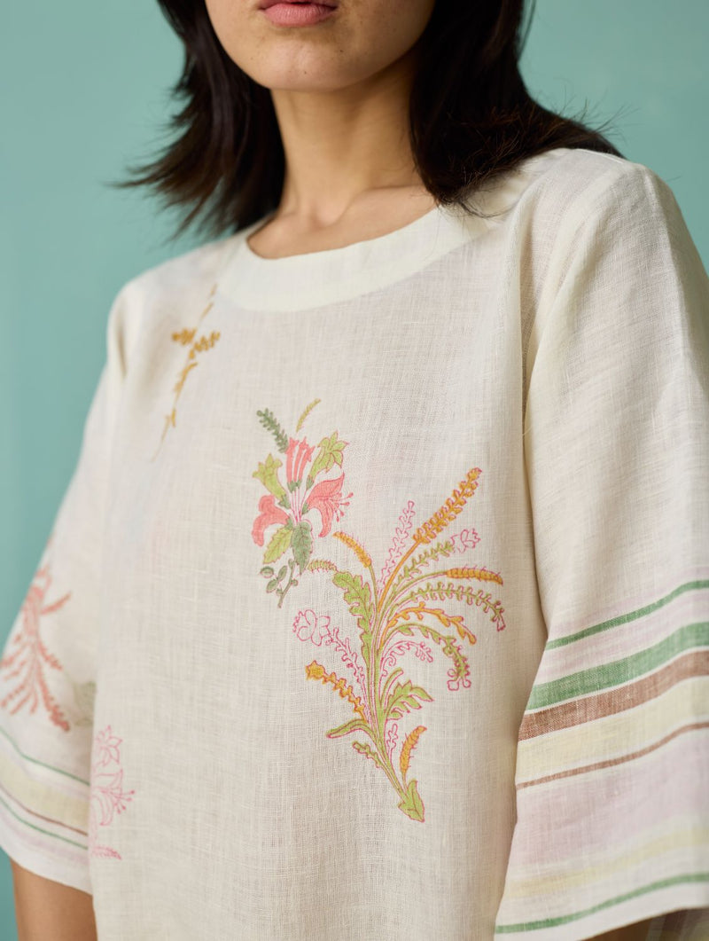 Nami Floral Block-Printed Curved Hem Kurta - Ivory linen light kurta set by Manan in ivory for women Worldwide
