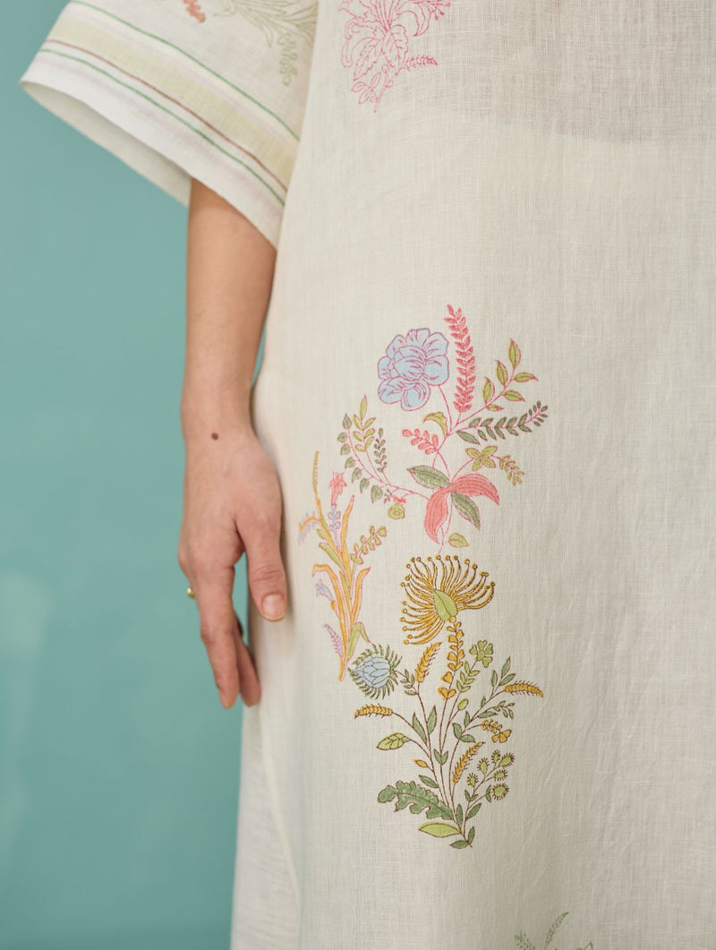 Nami Floral Block-Printed Curved Hem Kurta - Ivory linen light kurta set by Manan in ivory for women Worldwide