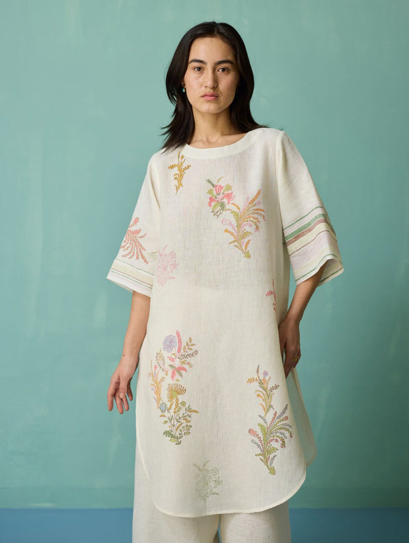 Nami Floral Block-Printed Curved Hem Kurta Set - Ivory linen light kurta set by Manan in ivory for women Worldwide