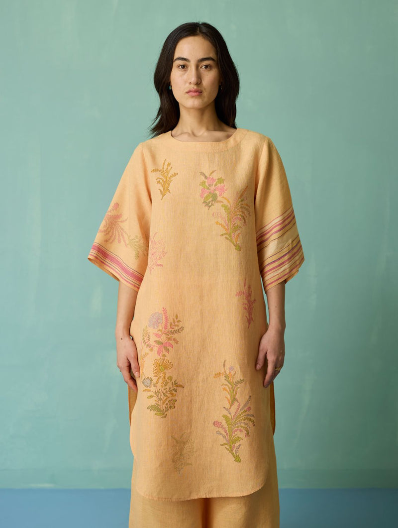 Nami Floral Block-Printed Curved Hem Kurta Set - Apricot linen light kurta set by Manan in apricot for women Worldwide