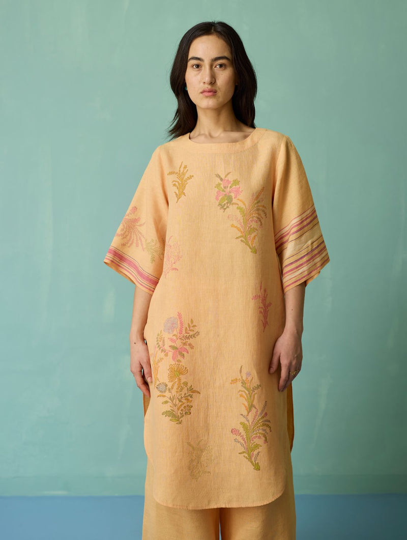 Nami Floral Block-Printed Curved Hem Kurta - Apricot linen light kurta set by Manan in apricot for women Worldwide