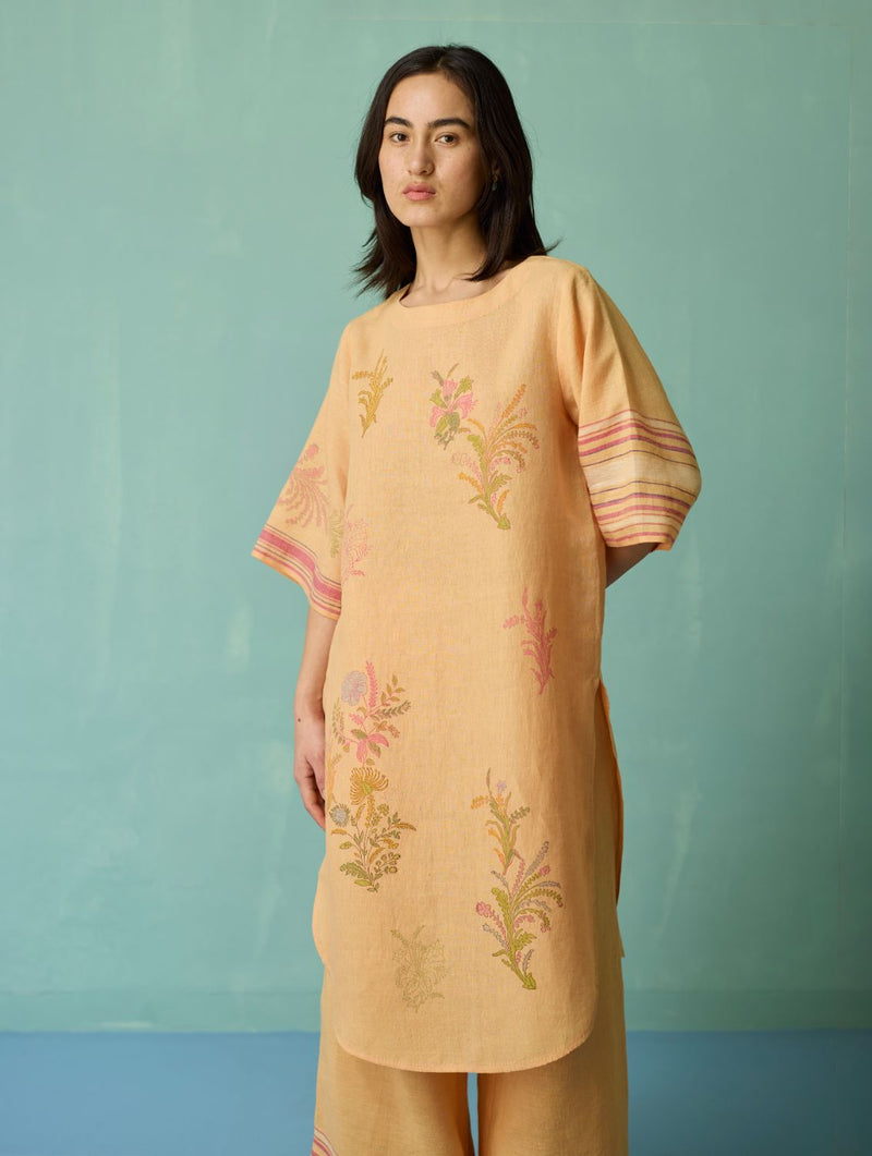Nami Floral Block-Printed Curved Hem Kurta Set - Apricot linen light kurta set by Manan in apricot for women Worldwide
