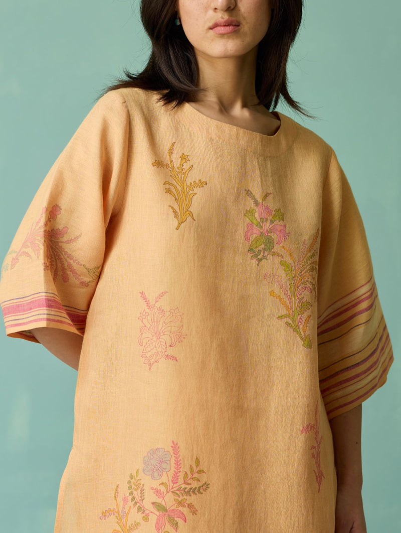 Nami Floral Block-Printed Curved Hem Kurta Set - Apricot linen light kurta set by Manan in apricot for women Worldwide