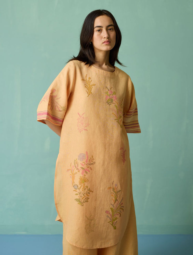 Nami Floral Block-Printed Curved Hem Kurta - Apricot linen light kurta set by Manan in apricot for women Worldwide
