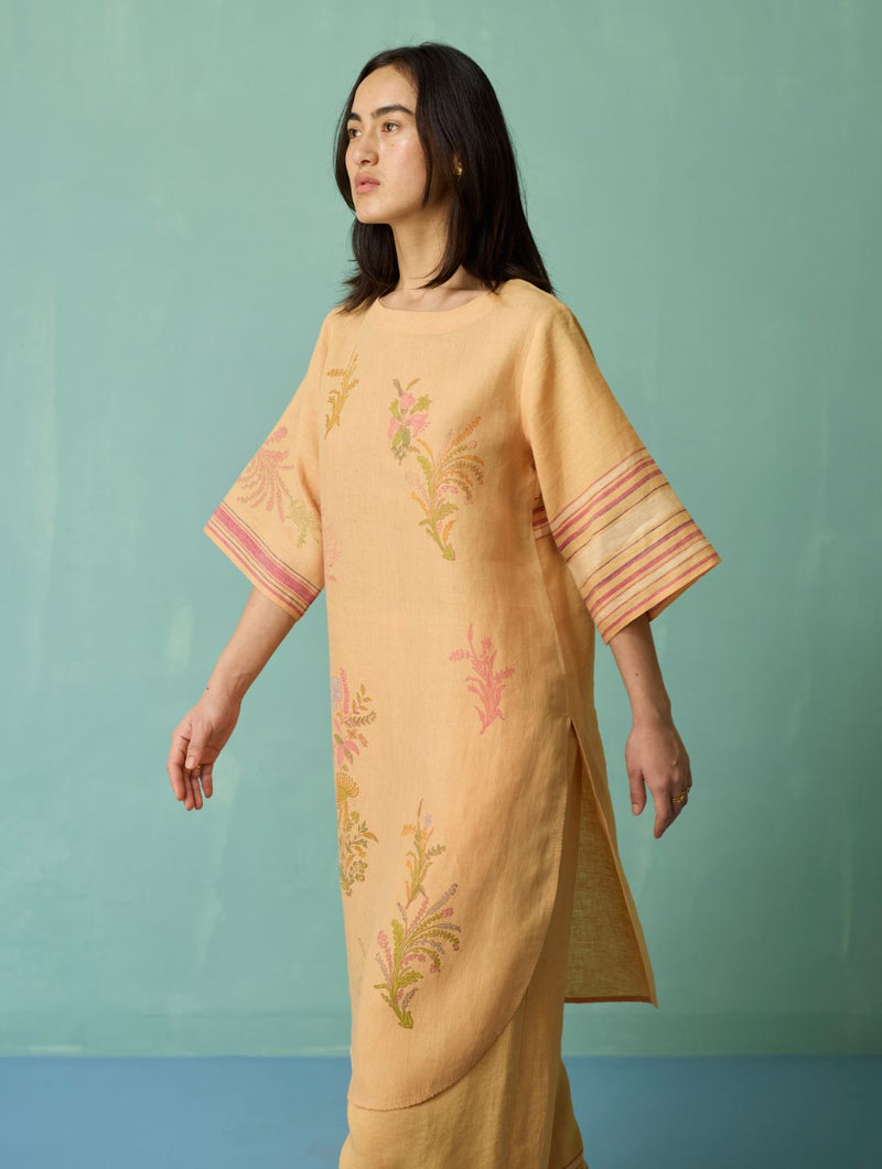Nami Floral Block-Printed Curved Hem Kurta - Apricot linen light kurta set by Manan in apricot for women Worldwide