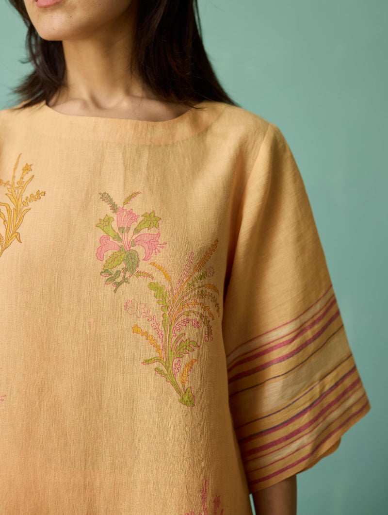 Nami Floral Block-Printed Curved Hem Kurta Set - Apricot linen light kurta set by Manan in apricot for women Worldwide