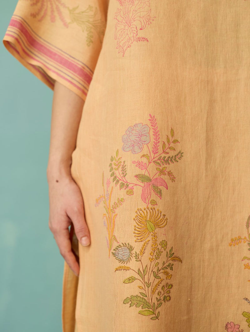 Nami Floral Block-Printed Curved Hem Kurta - Apricot linen light kurta set by Manan in apricot for women Worldwide