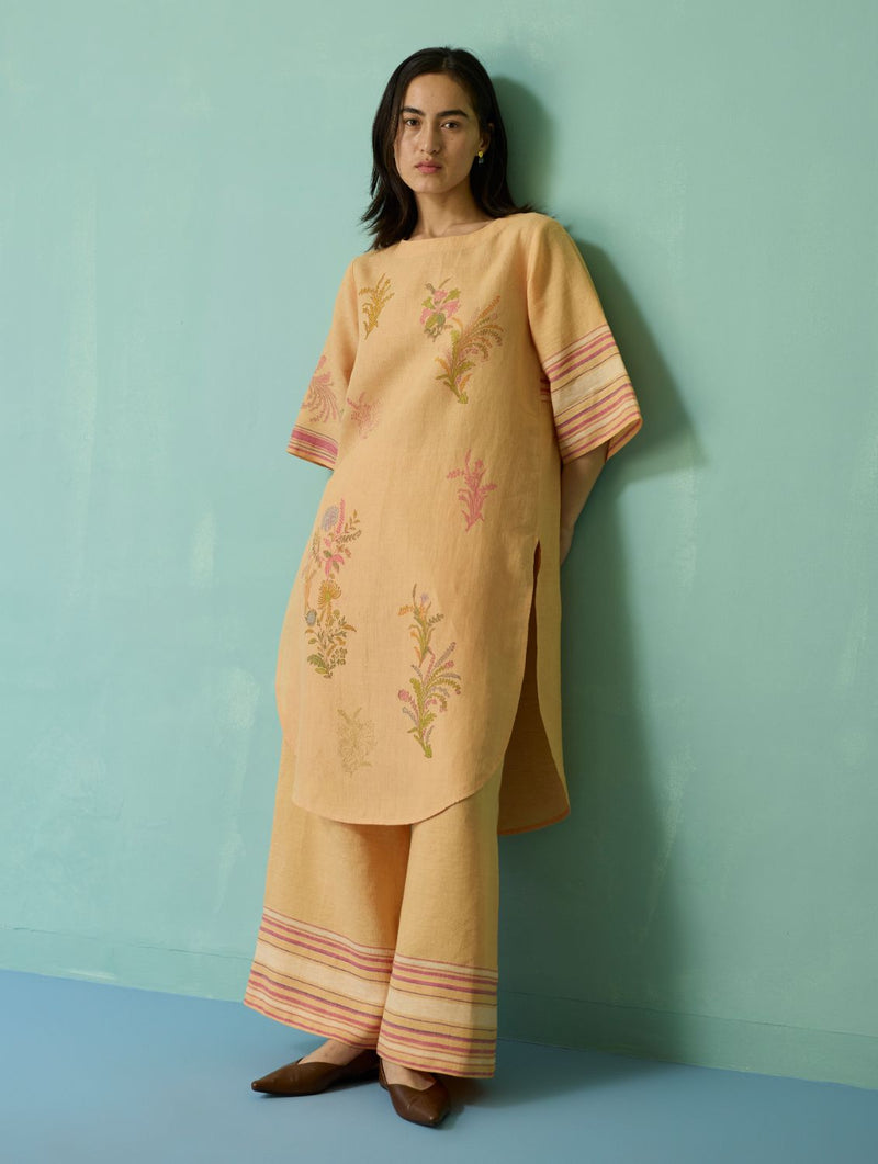 Nami Floral Block-Printed Curved Hem Kurta - Apricot linen light kurta set by Manan in apricot for women Worldwide