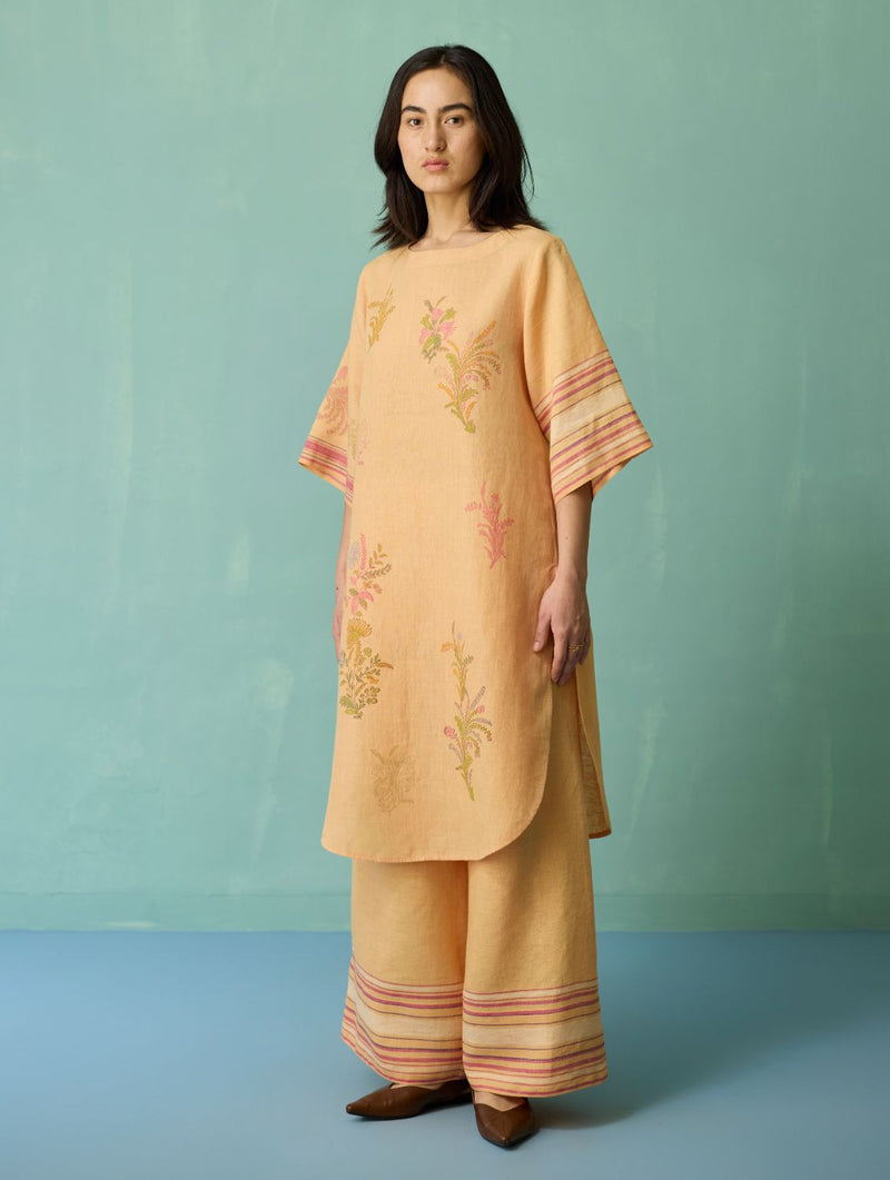 Nami Floral Block-Printed Curved Hem Kurta - Apricot linen light kurta set by Manan in apricot for women Worldwide
