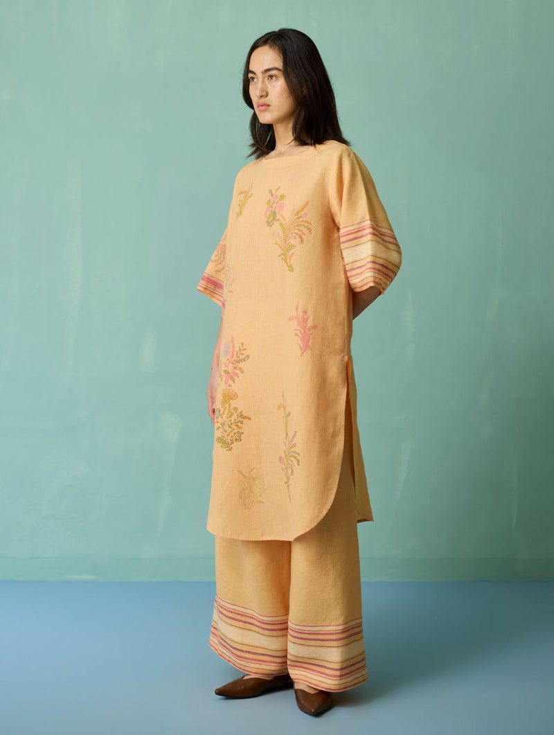 Nami Floral Block-Printed Curved Hem Kurta Set - Apricot linen light kurta set by Manan in apricot for women Worldwide