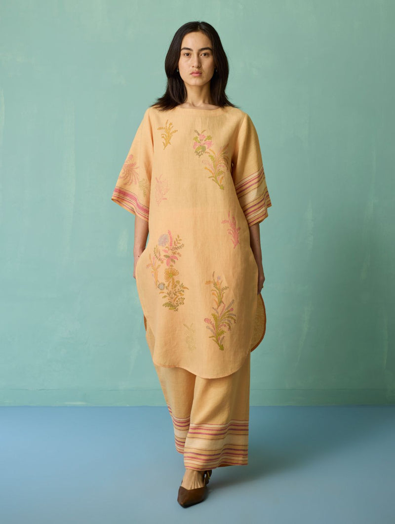 Nami Floral Block-Printed Curved Hem Kurta Set - Apricot linen light kurta set by Manan in apricot for women Worldwide