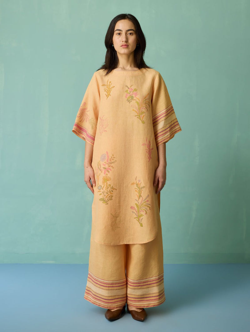 Nami Floral Block-Printed Curved Hem Kurta - Apricot linen light kurta set by Manan in apricot for women Worldwide