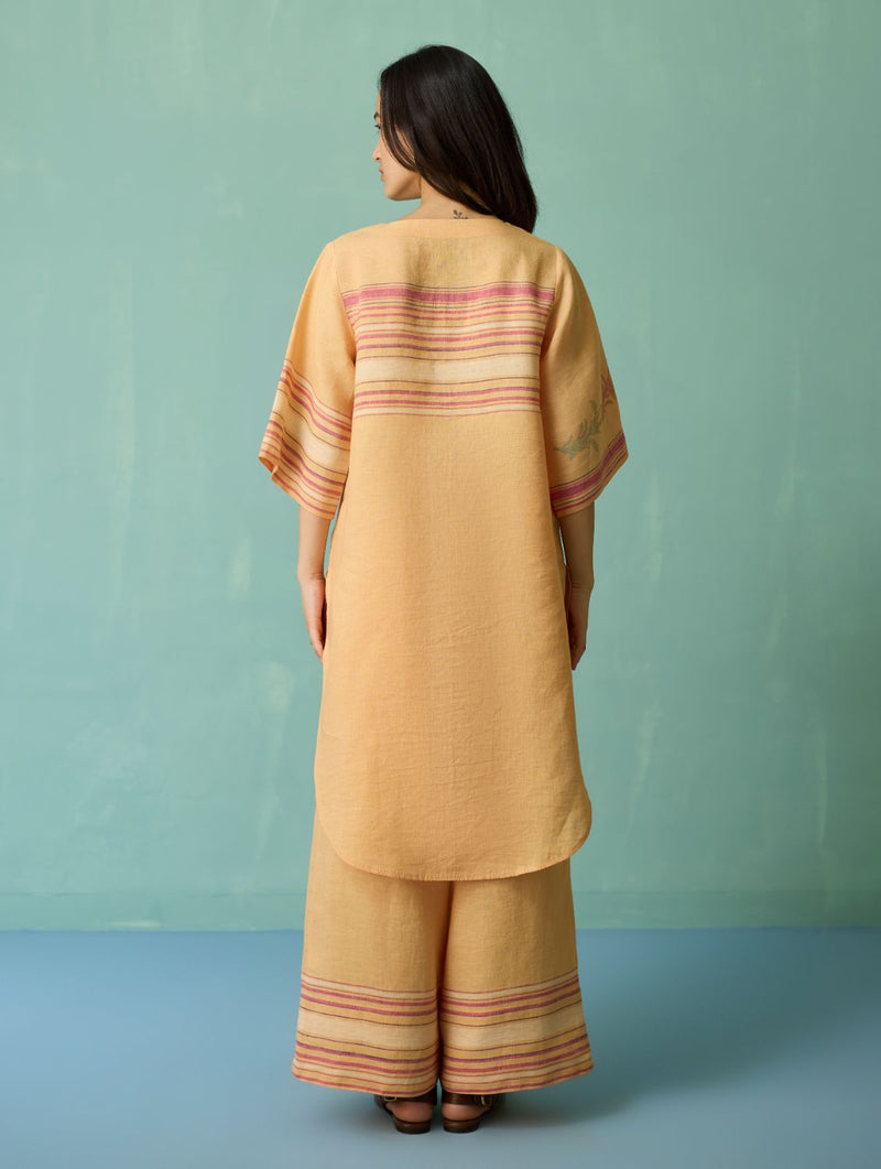 Nami Floral Block-Printed Curved Hem Kurta Set - Apricot linen light kurta set by Manan in apricot for women Worldwide