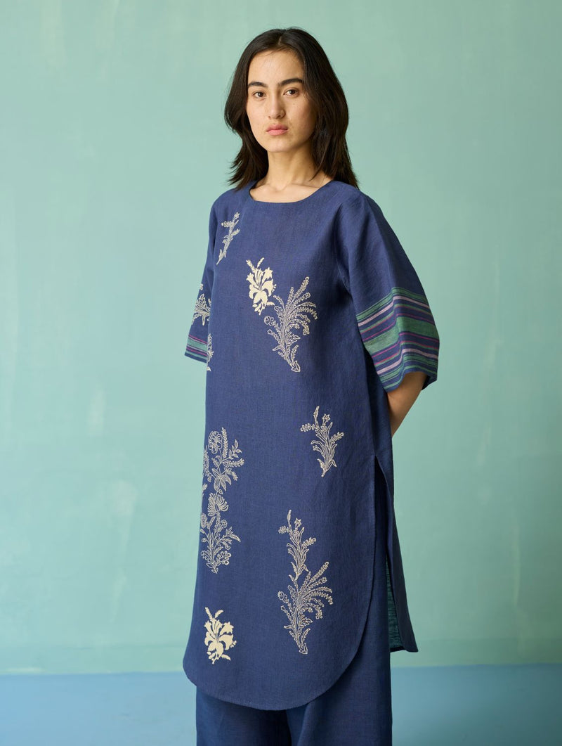 Nami Floral Block-Printed Curved Hem Kurta - Indigo linen light kurta set by Manan in navy for women Worldwide