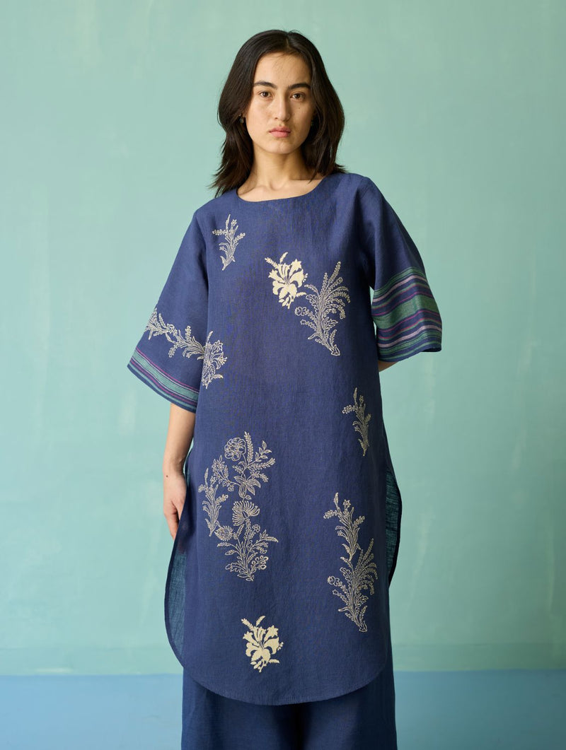 Nami Floral Block-Printed Curved Hem Kurta Set - Indigo linen light kurta set by Manan in navy for women Worldwide
