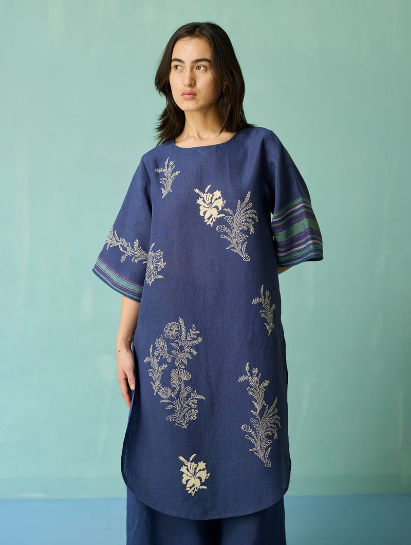 Nami Floral Block-Printed Curved Hem Kurta Set - Indigo linen light kurta set by Manan in navy for women Worldwide