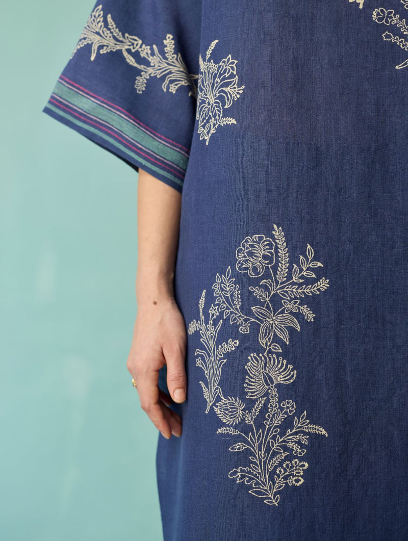 Nami Floral Block-Printed Curved Hem Kurta - Indigo linen light kurta set by Manan in navy for women Worldwide