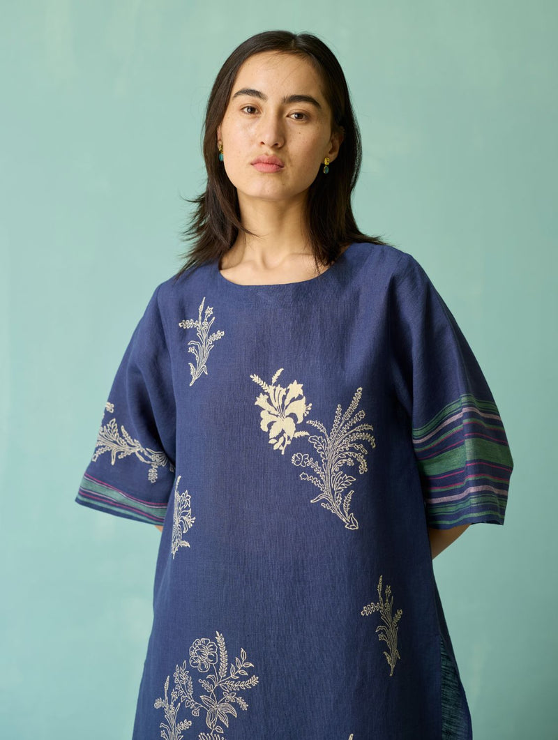Nami Floral Block-Printed Curved Hem Kurta - Indigo linen light kurta set by Manan in navy for women Worldwide