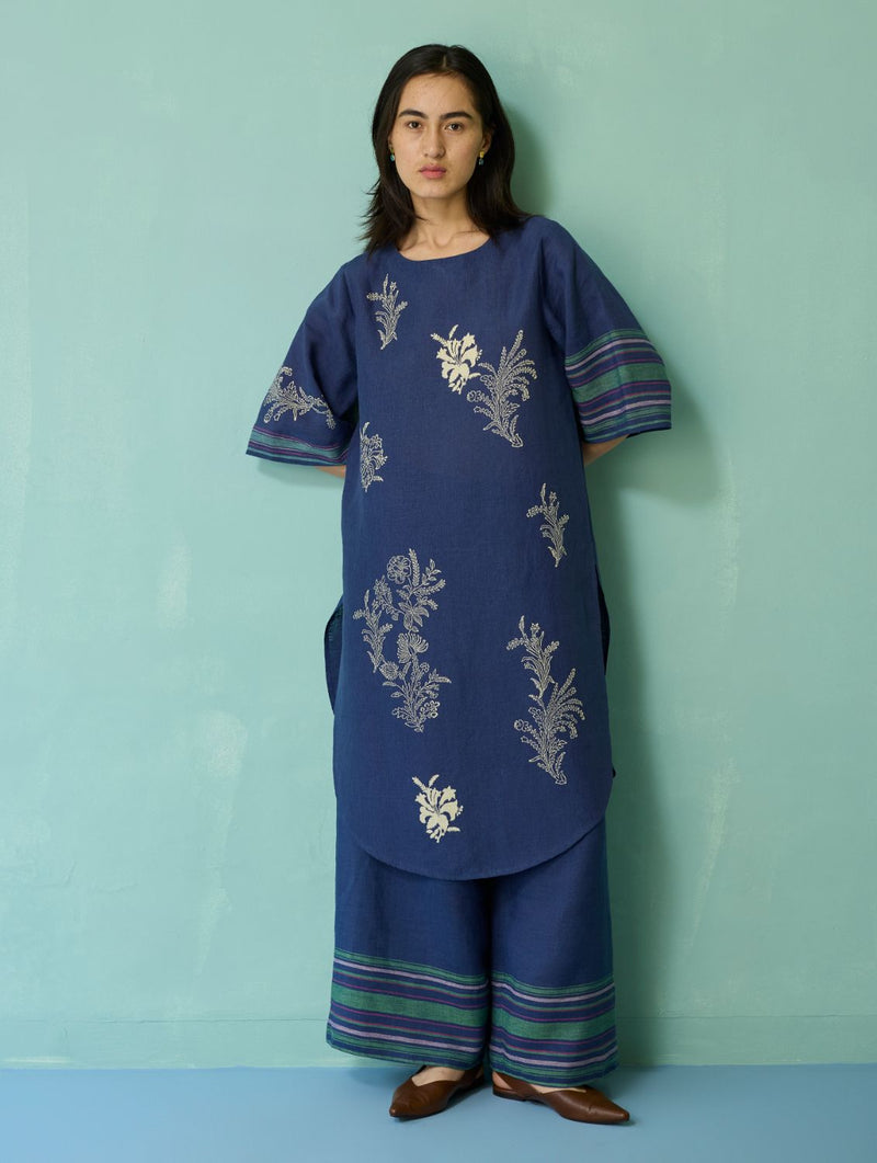 Nami Floral Block-Printed Curved Hem Kurta - Indigo linen light kurta set by Manan in navy for women Worldwide