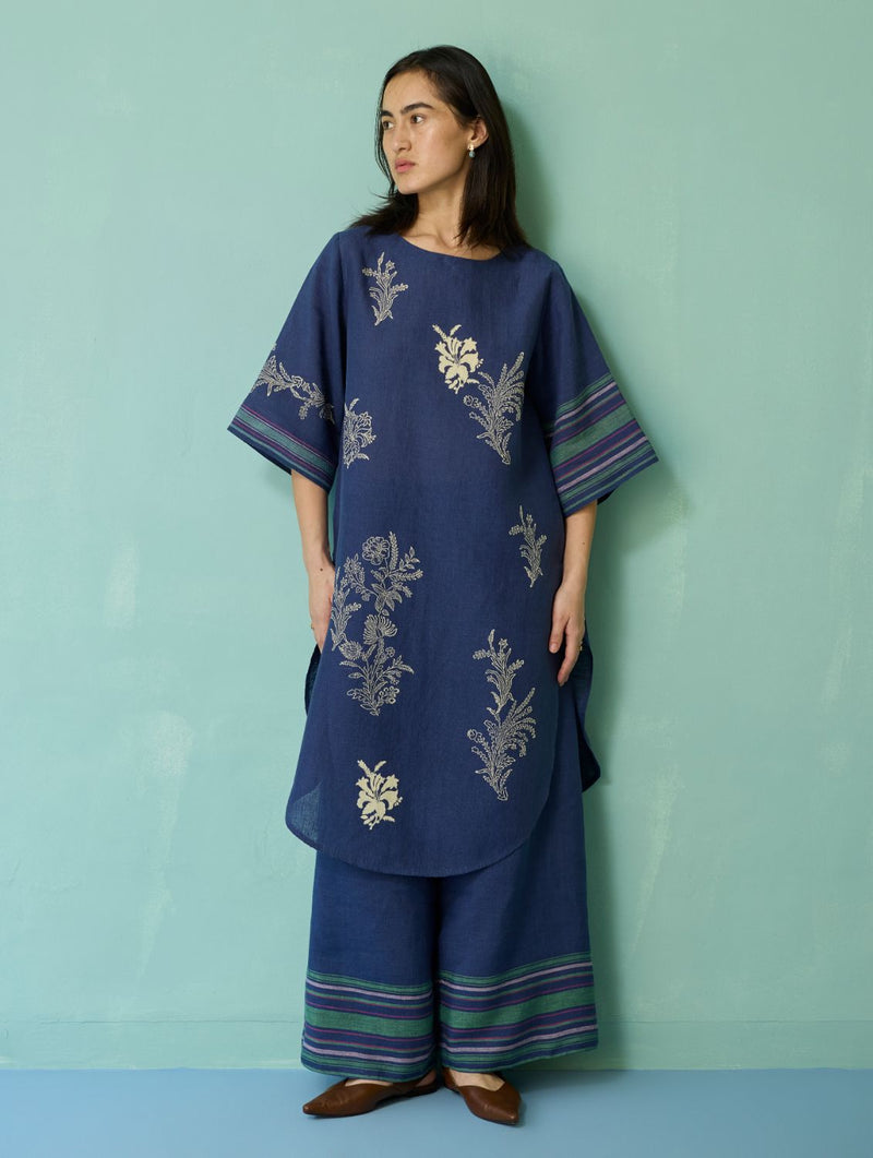 Nami Floral Block-Printed Curved Hem Kurta - Indigo linen light kurta set by Manan in navy for women Worldwide