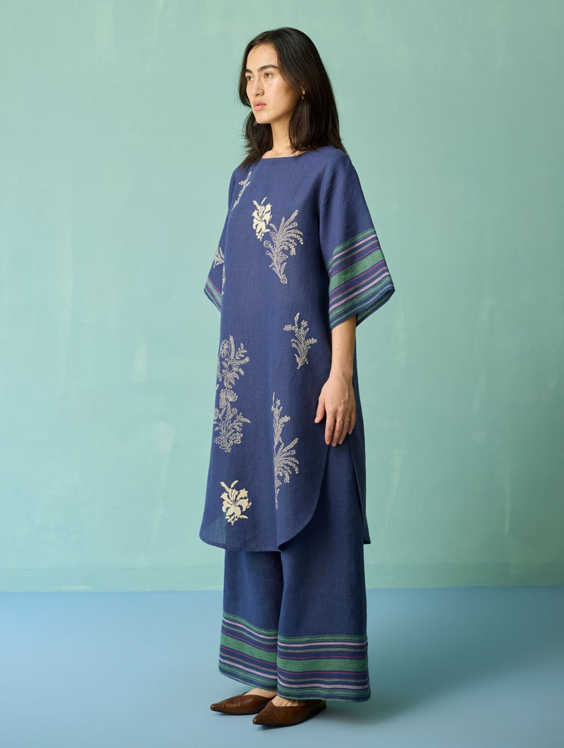 Nami Floral Block-Printed Curved Hem Kurta Set - Indigo linen light kurta set by Manan in navy for women Worldwide