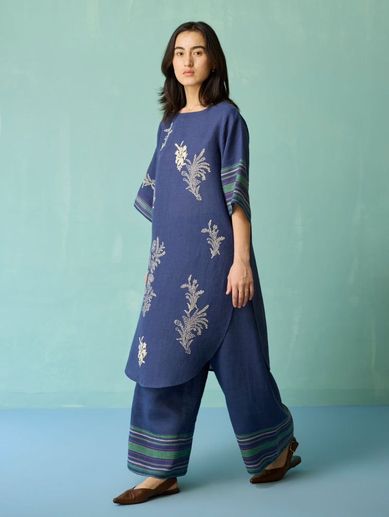 Nami Floral Block-Printed Curved Hem Kurta - Indigo linen light kurta set by Manan in navy for women Worldwide