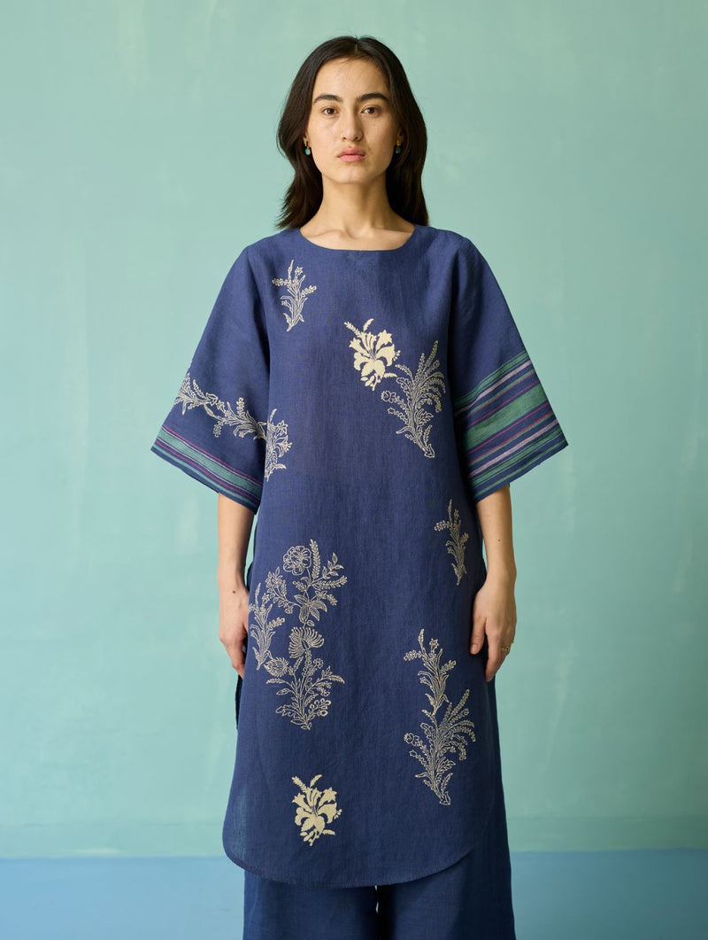 Nami Floral Block-Printed Curved Hem Kurta - Indigo linen light kurta set by Manan in navy for women Worldwide