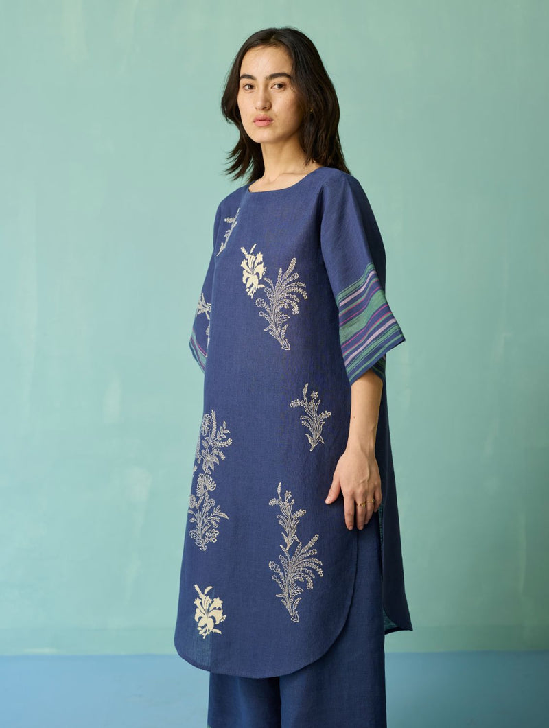 Nami Floral Block-Printed Curved Hem Kurta - Indigo linen light kurta set by Manan in navy for women Worldwide